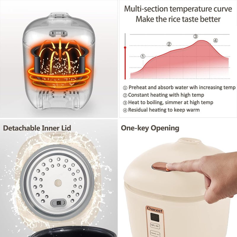 CHACEEF Mini Rice Cooker 2 Cups Uncooked, 1.2L Rice Cooker Small, Portable Non-Stick Small Travel Rice Maker, BPA Free, Smart Control Multifunction Cooker with 24 Hours Timer Delay & Keep Warm Function, Beige - Image 5